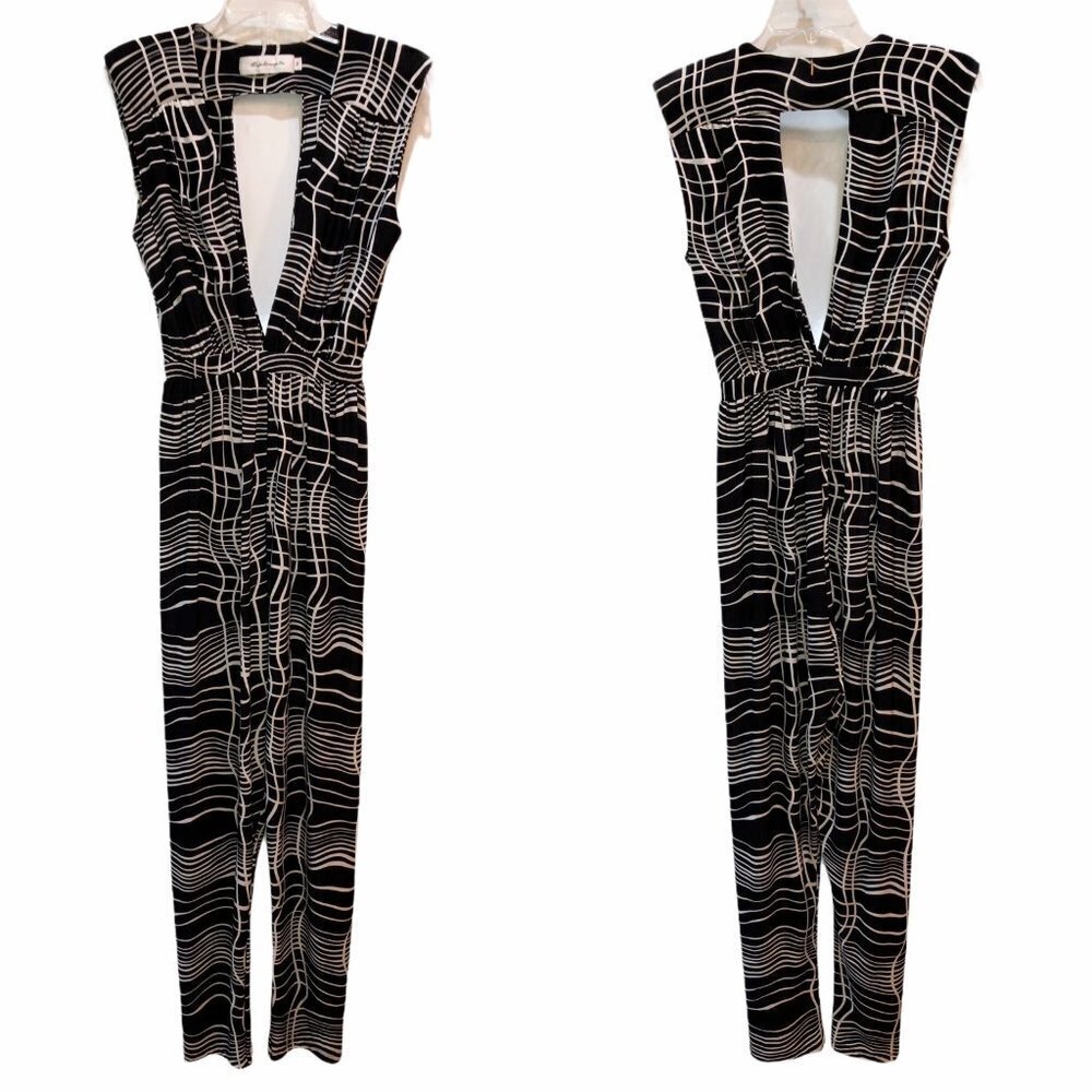 T-Bags Los Angeles Small Black White Plaid Sleeveless Deep V Neck Jumpsuit